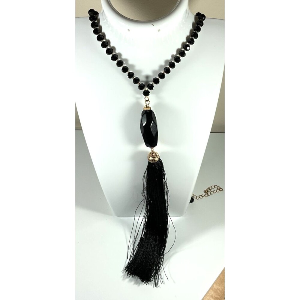Black Tassel Earrings & Necklace Set Black Faceted Beads Gold Tone Flapper Boho - Picture 6 of 10